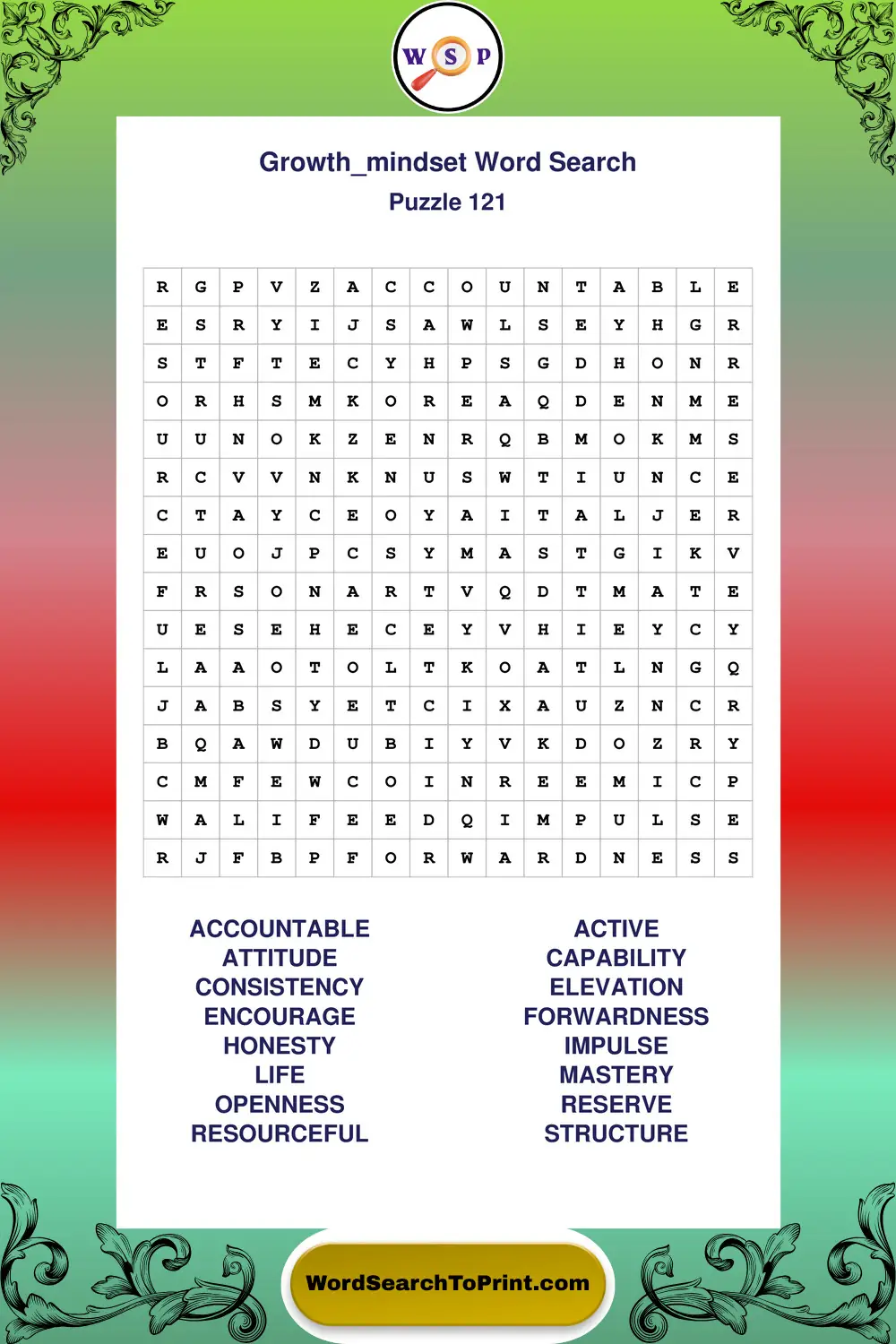 Growth Mindset Word Search Puzzle 121