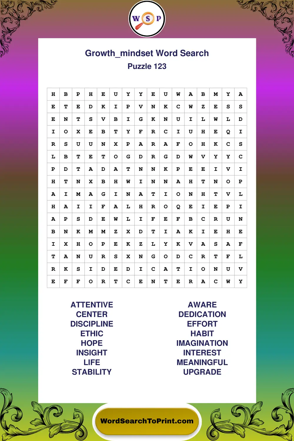 Growth Mindset Word Search Puzzle 123