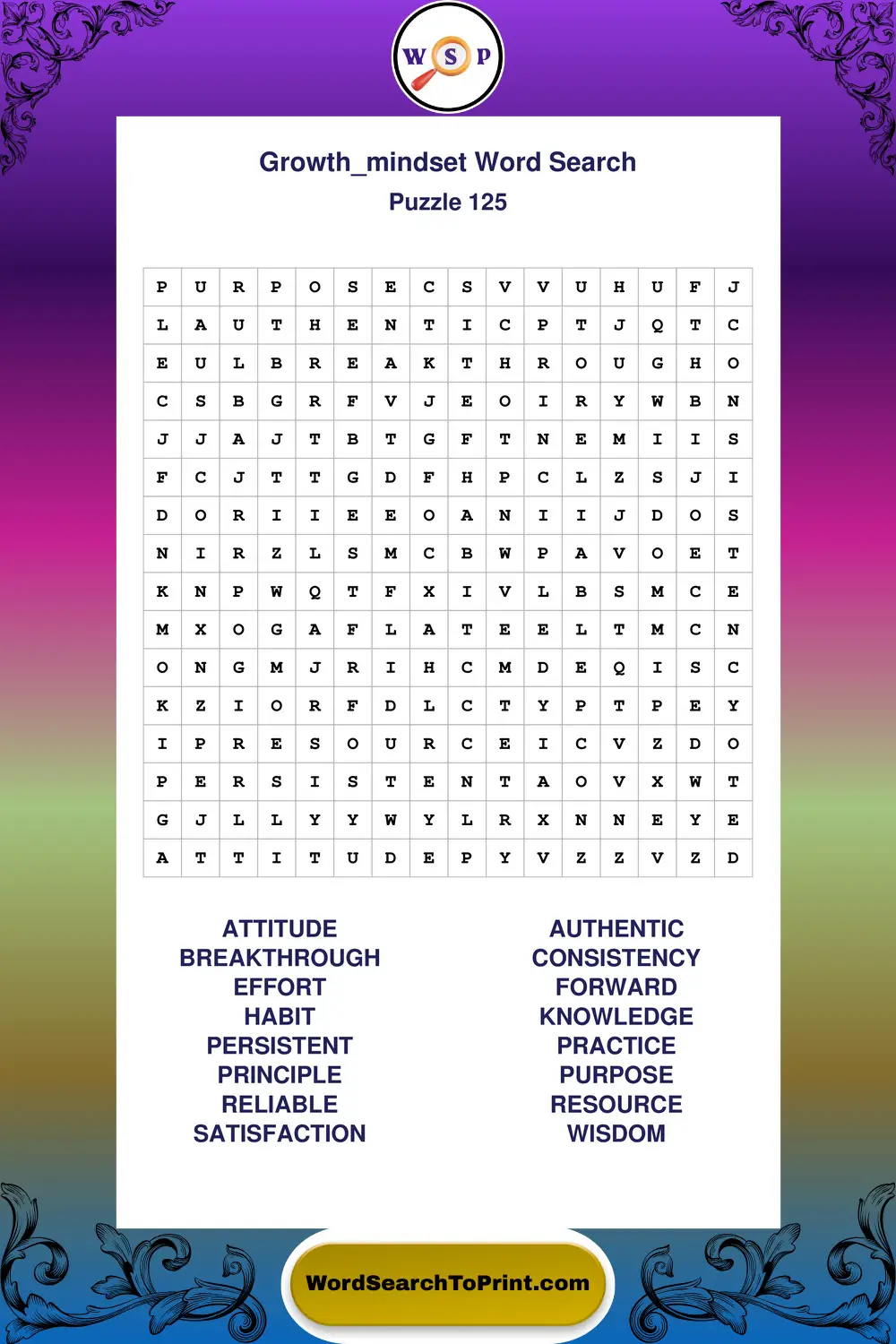 Growth Mindset Word Search Puzzle 125