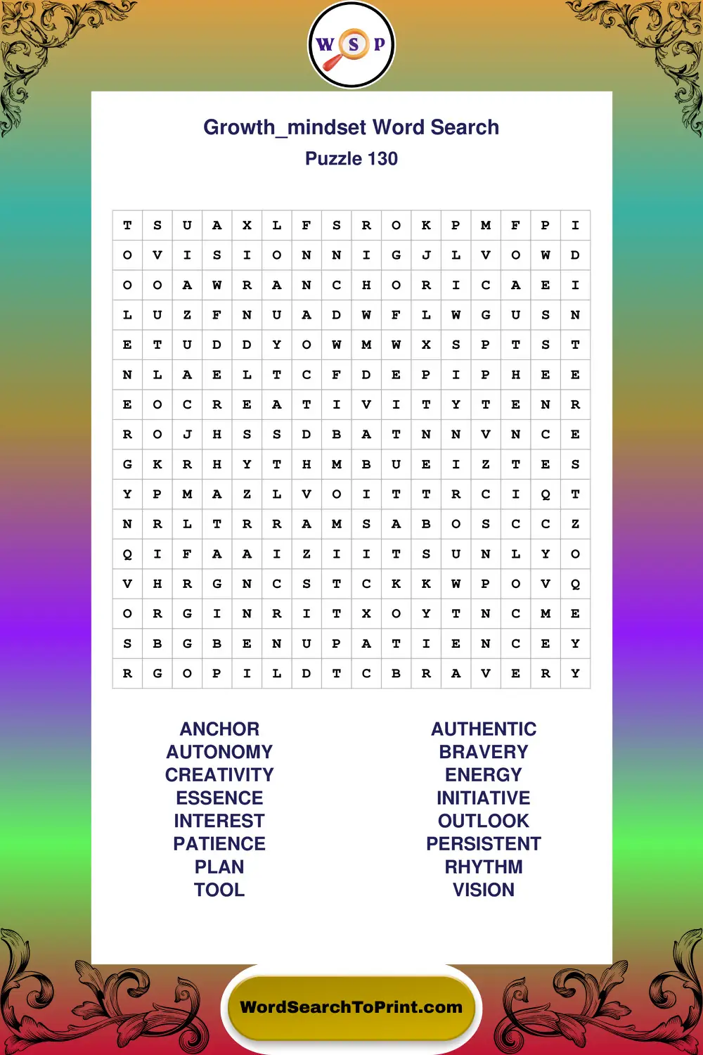 Growth Mindset Word Search Puzzle 130