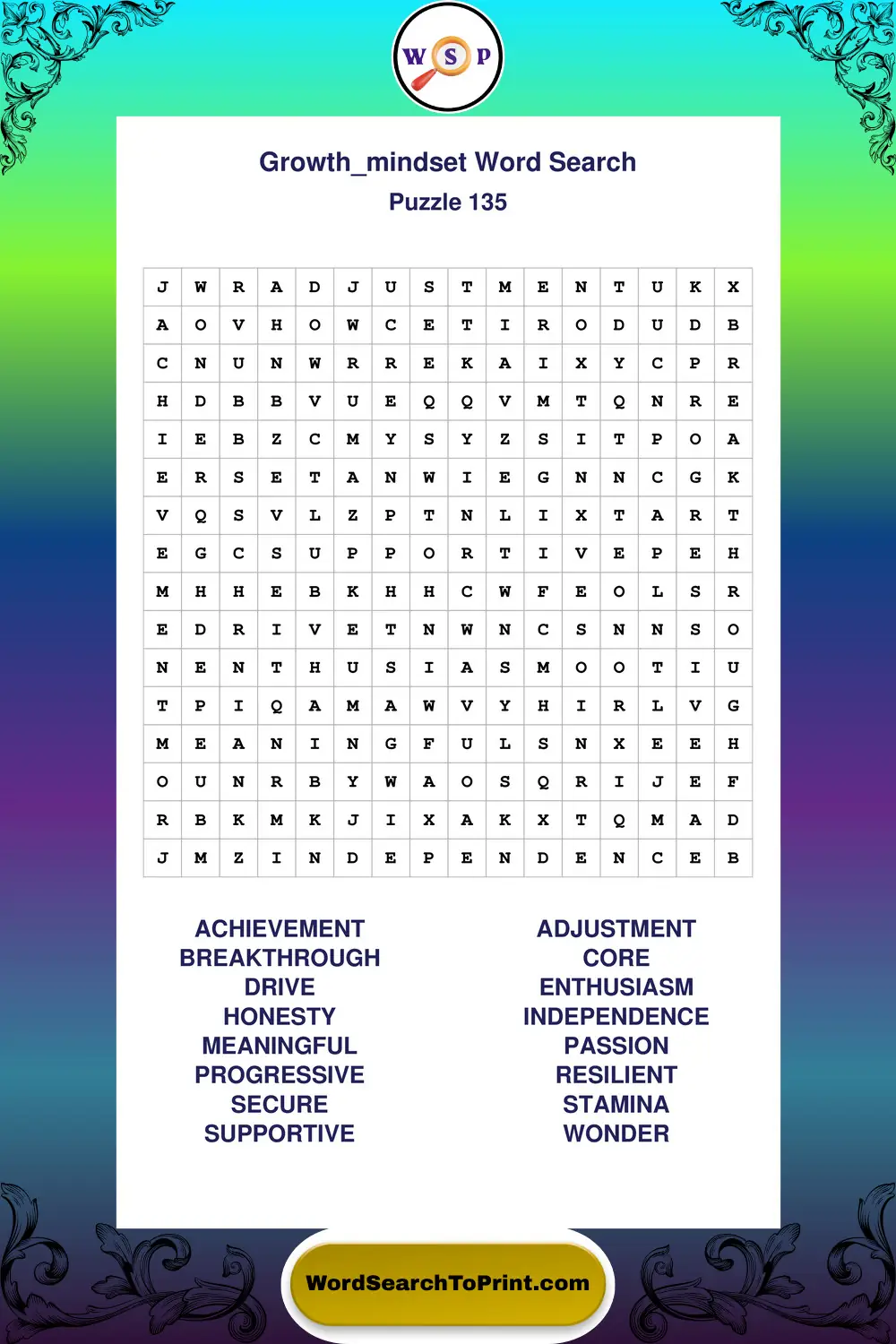 Growth Mindset Word Search Puzzle 135