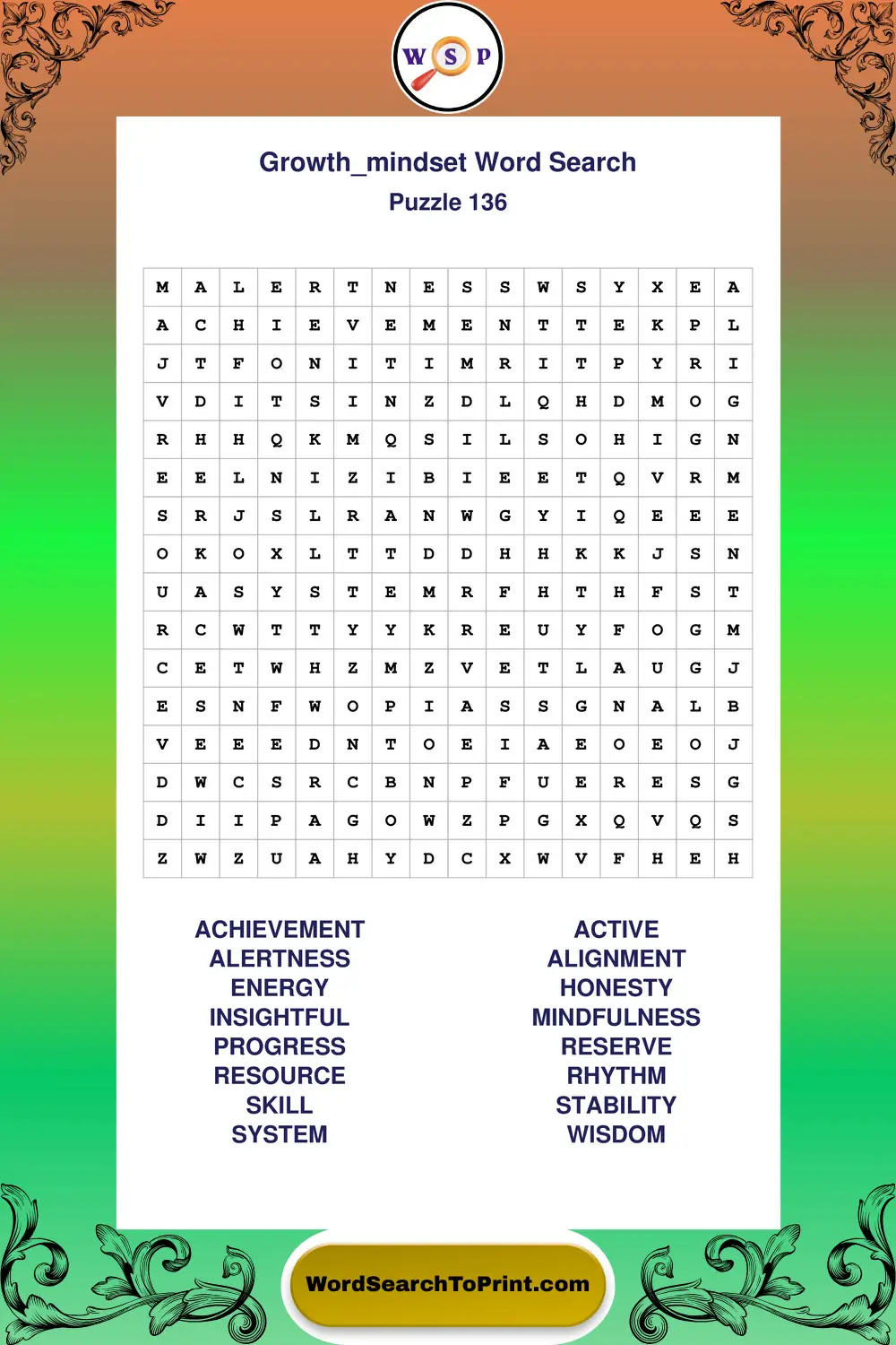 Growth Mindset Word Search Puzzle 136
