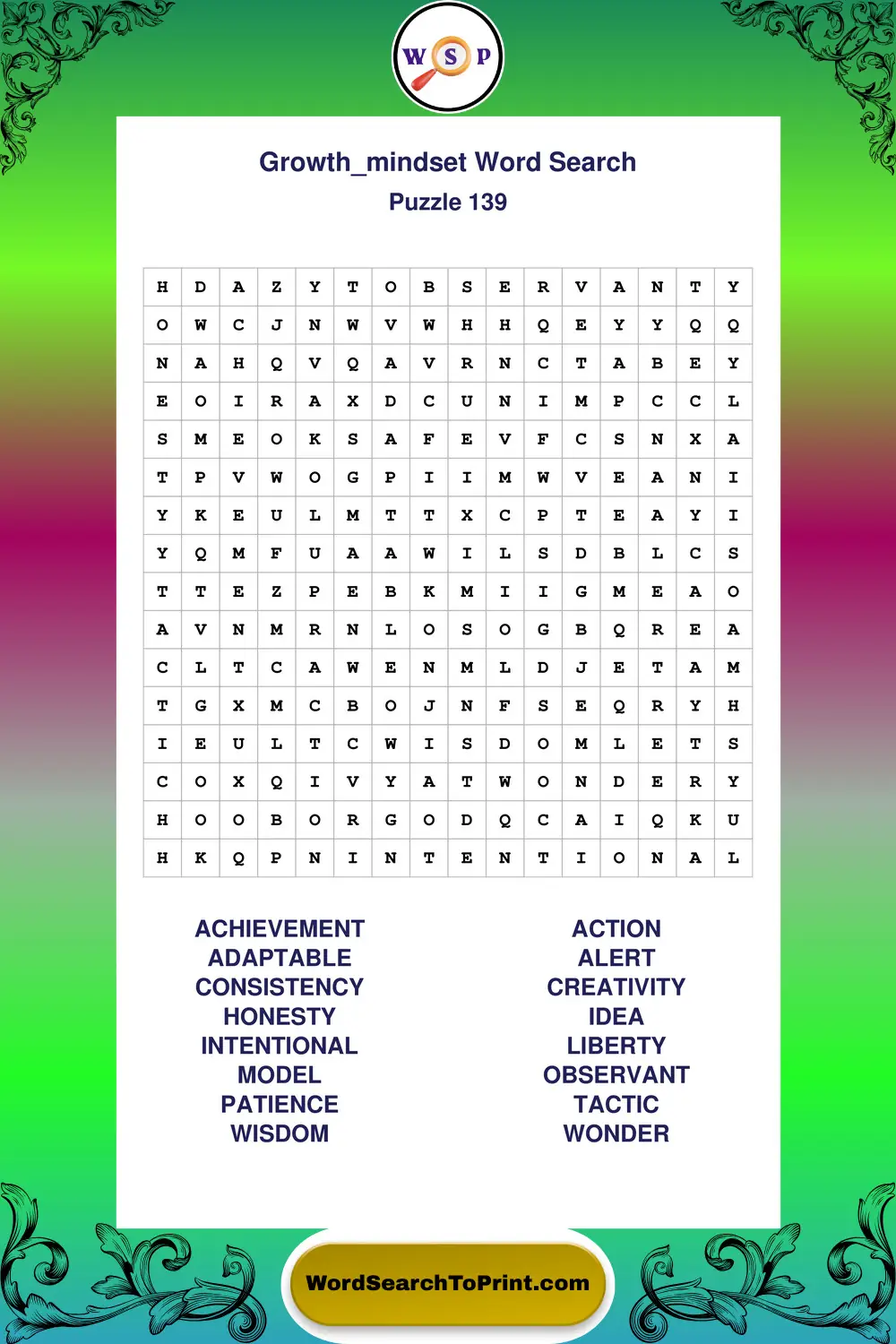 Growth Mindset Word Search Puzzle 139