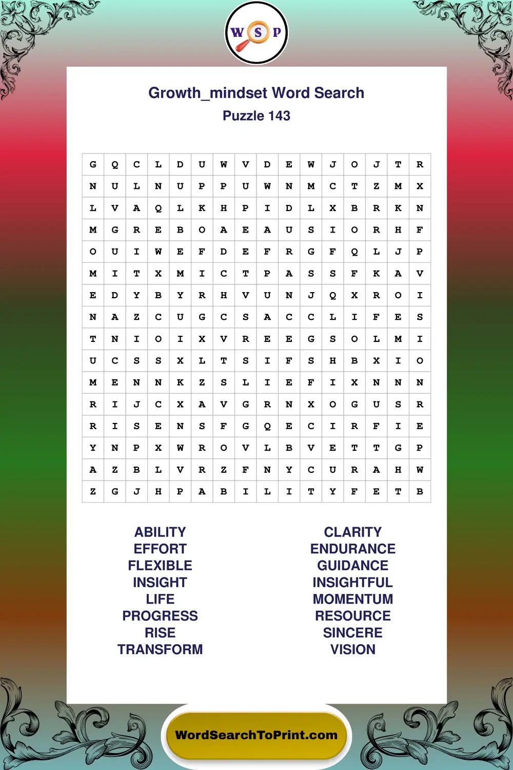 Growth Mindset Word Search Puzzle 143