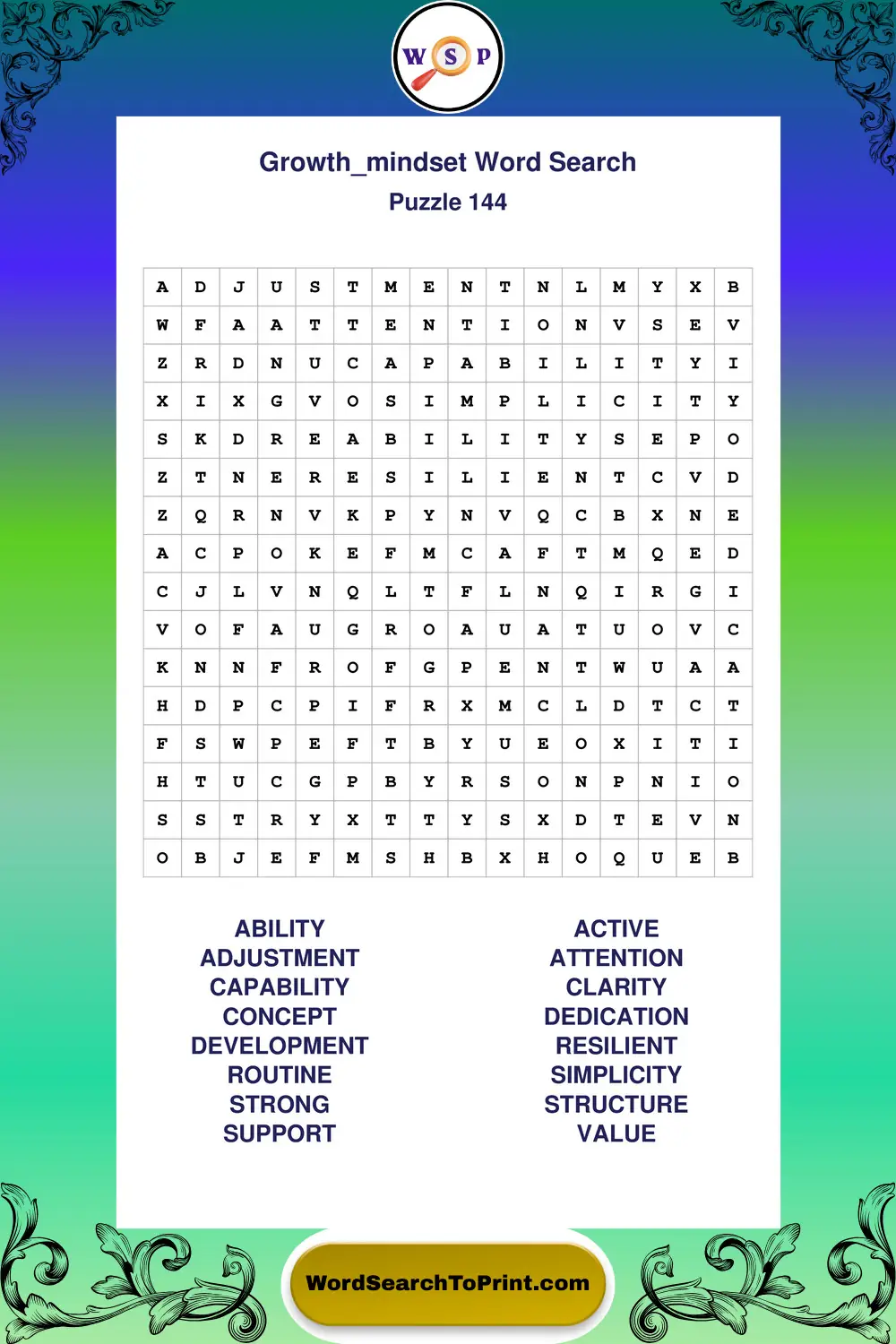 Growth Mindset Word Search Puzzle 144