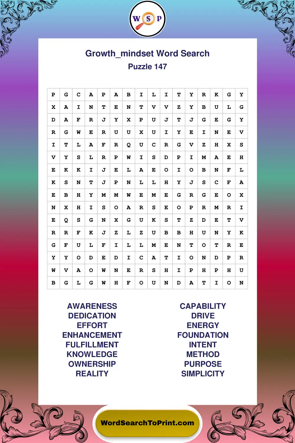 Growth Mindset Word Search Puzzle 147