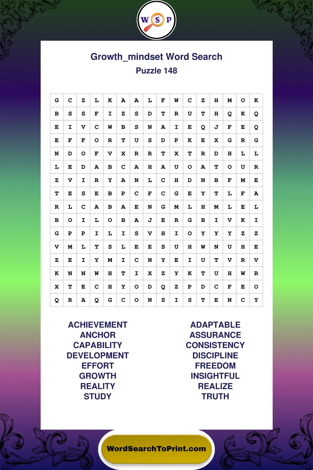 Growth Mindset Word Search Puzzle 148