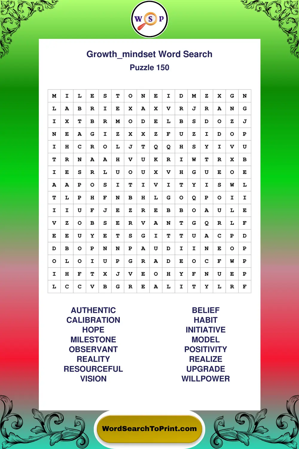 Growth Mindset Word Search Puzzle 150