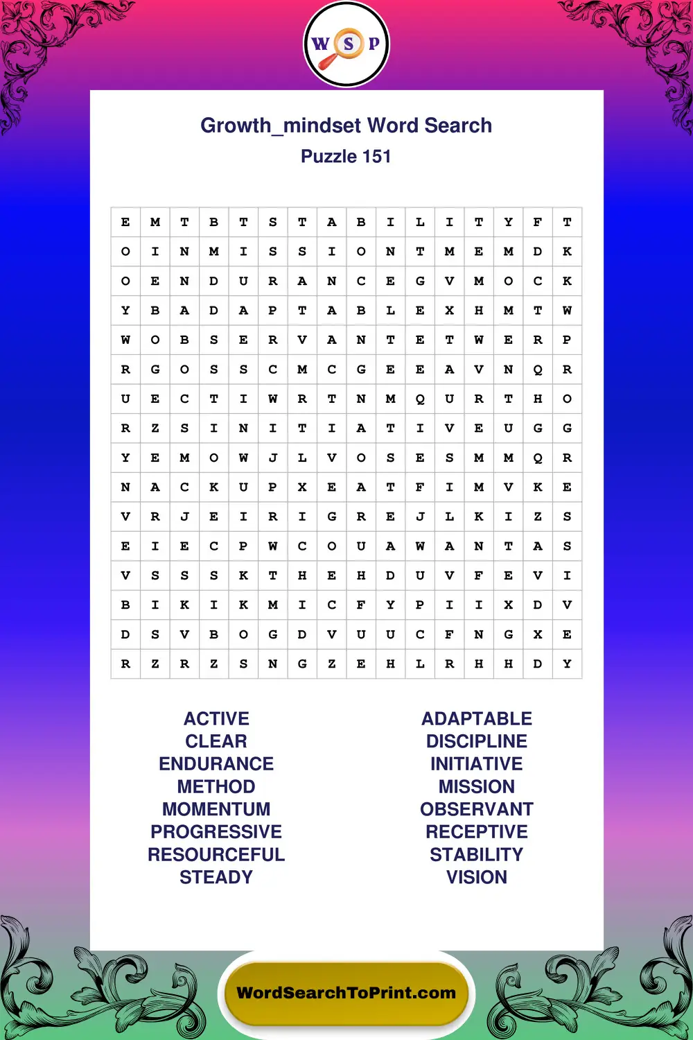 Growth Mindset Word Search Puzzle 151