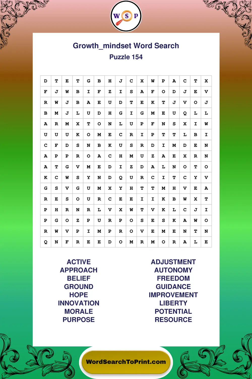 Growth Mindset Word Search Puzzle 154