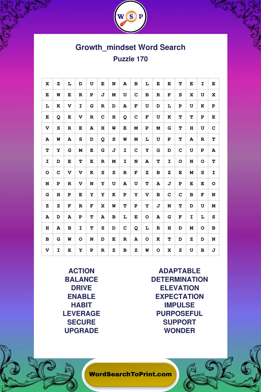 Growth Mindset Word Search Puzzle 170