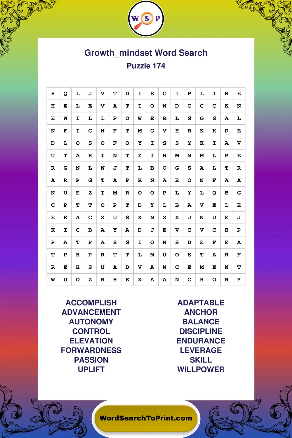 Growth Mindset Word Search Puzzle 174