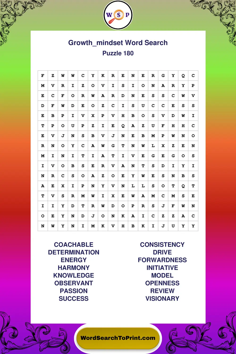 Growth Mindset Word Search Puzzle 180