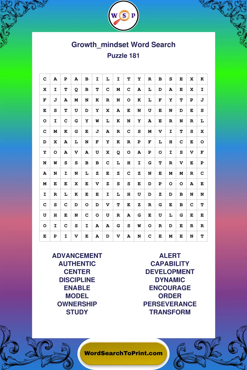 Growth Mindset Word Search Puzzle 181