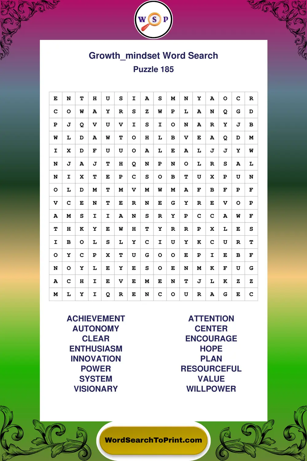 Growth Mindset Word Search Puzzle 185
