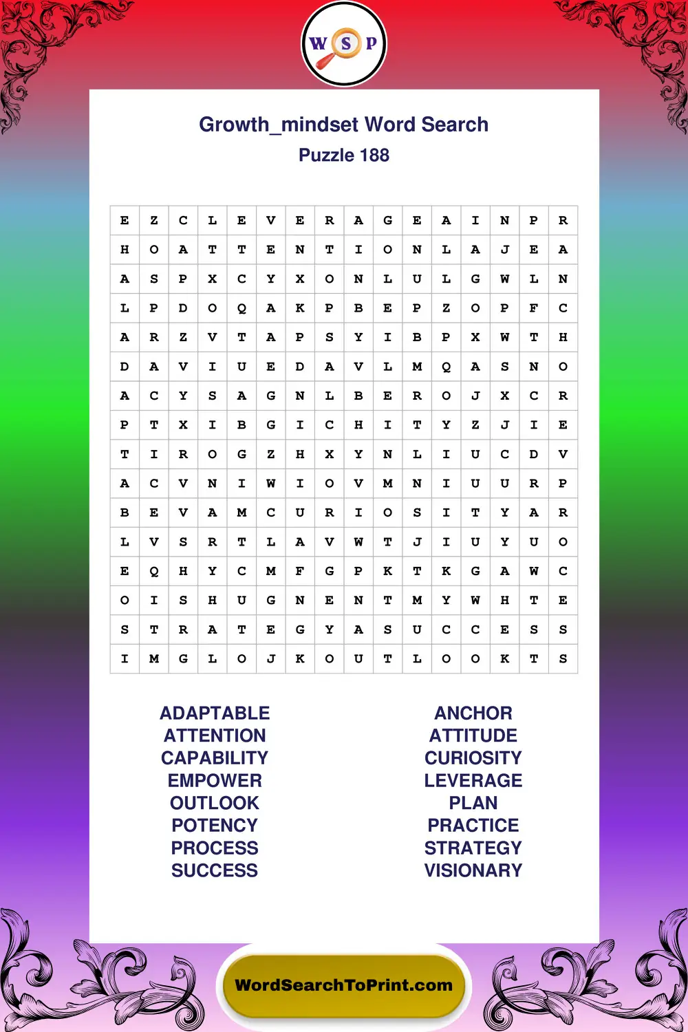 Growth Mindset Word Search Puzzle 188