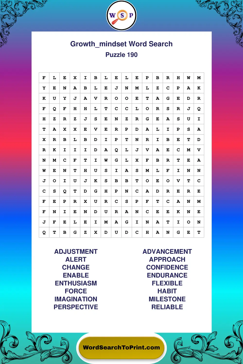 Growth Mindset Word Search Puzzle 190
