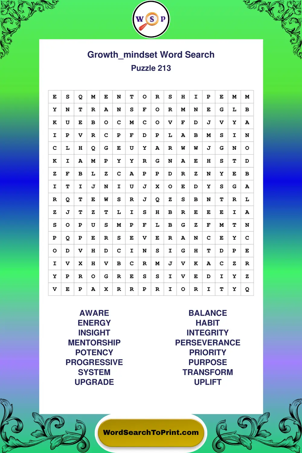 Growth Mindset Word Search Puzzle 213