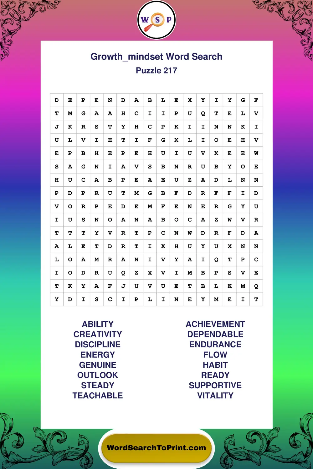 Growth Mindset Word Search Puzzle 217