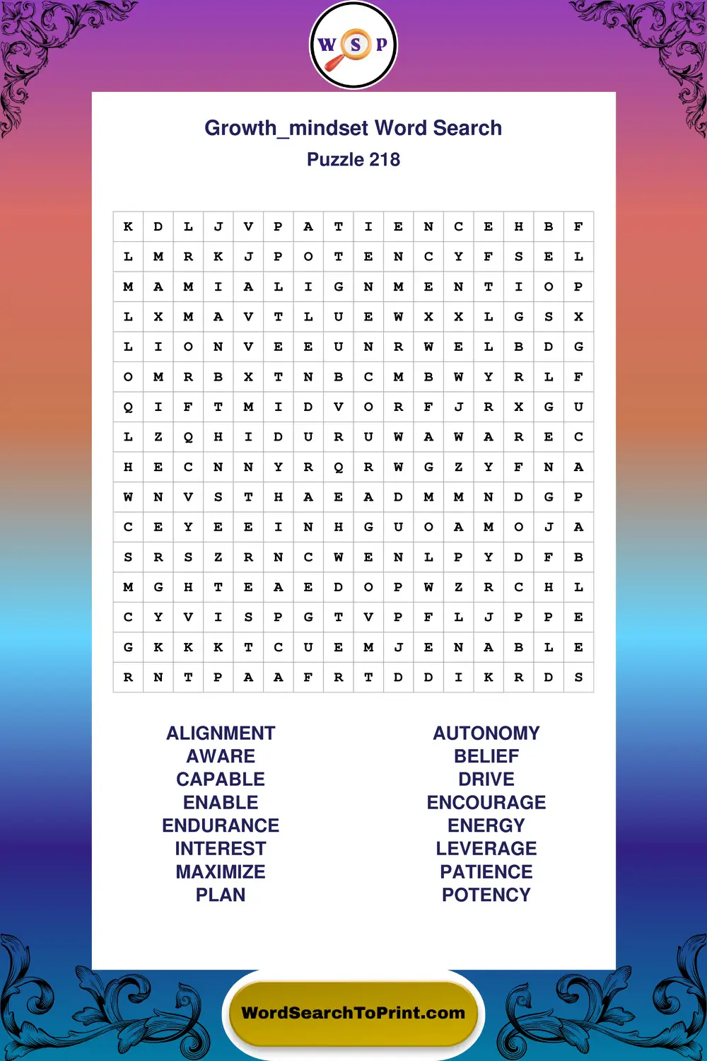Growth Mindset Word Search Puzzle 218