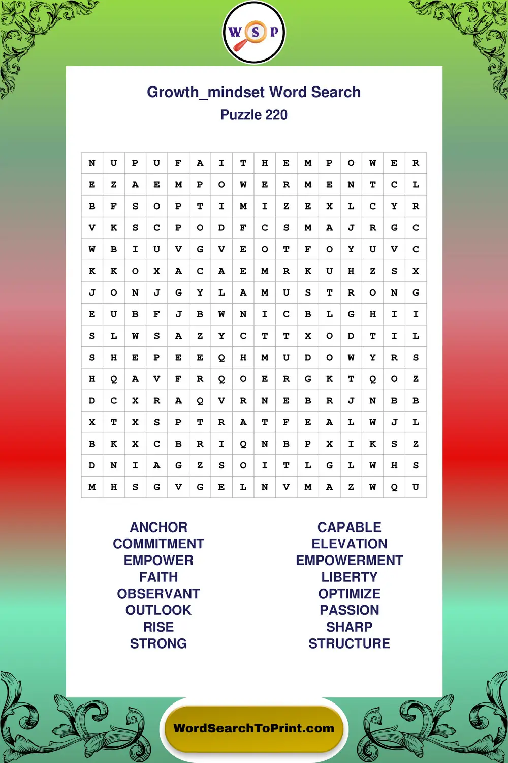 Growth Mindset Word Search Puzzle 220