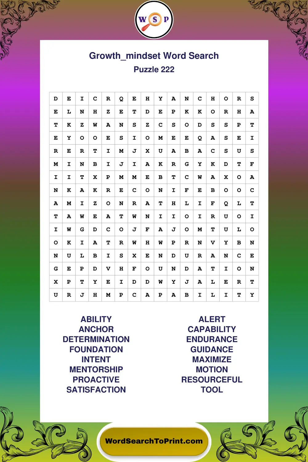 Growth Mindset Word Search Puzzle 222