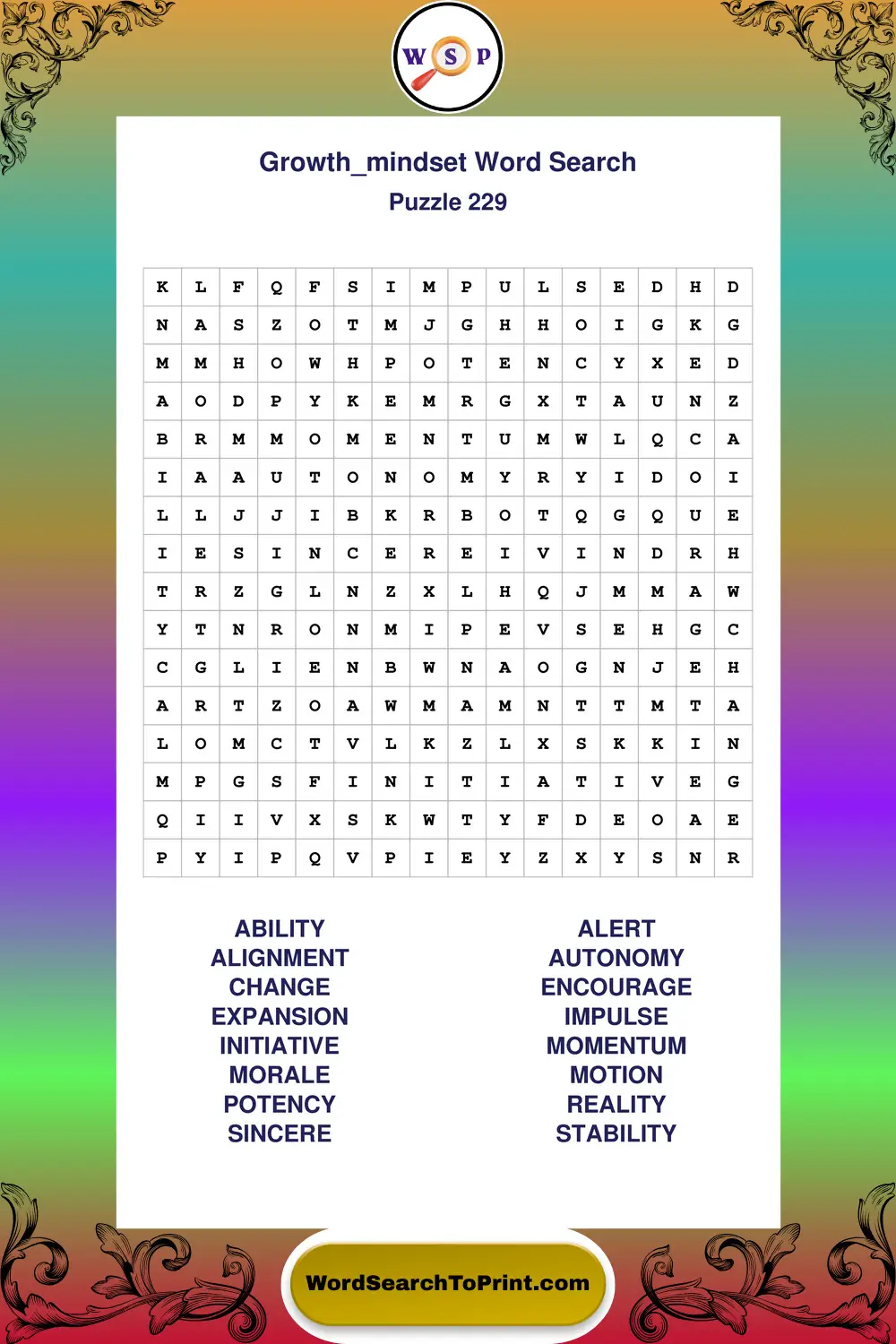 Growth Mindset Word Search Puzzle 229