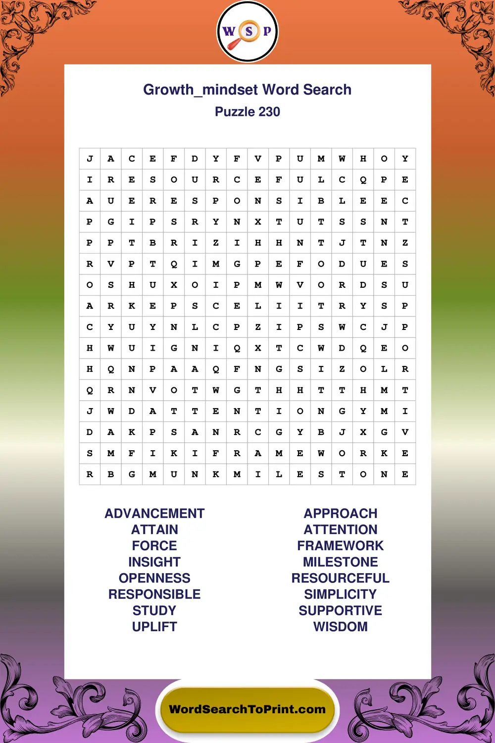 Growth Mindset Word Search Puzzle 230