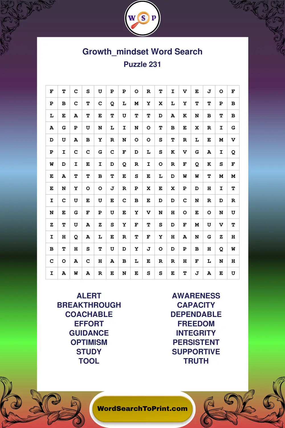 Growth Mindset Word Search Puzzle 231