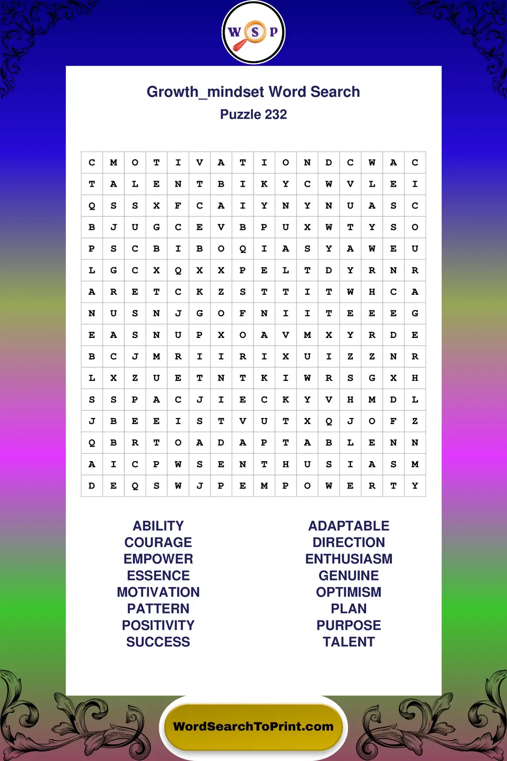 Growth Mindset Word Search Puzzle 232