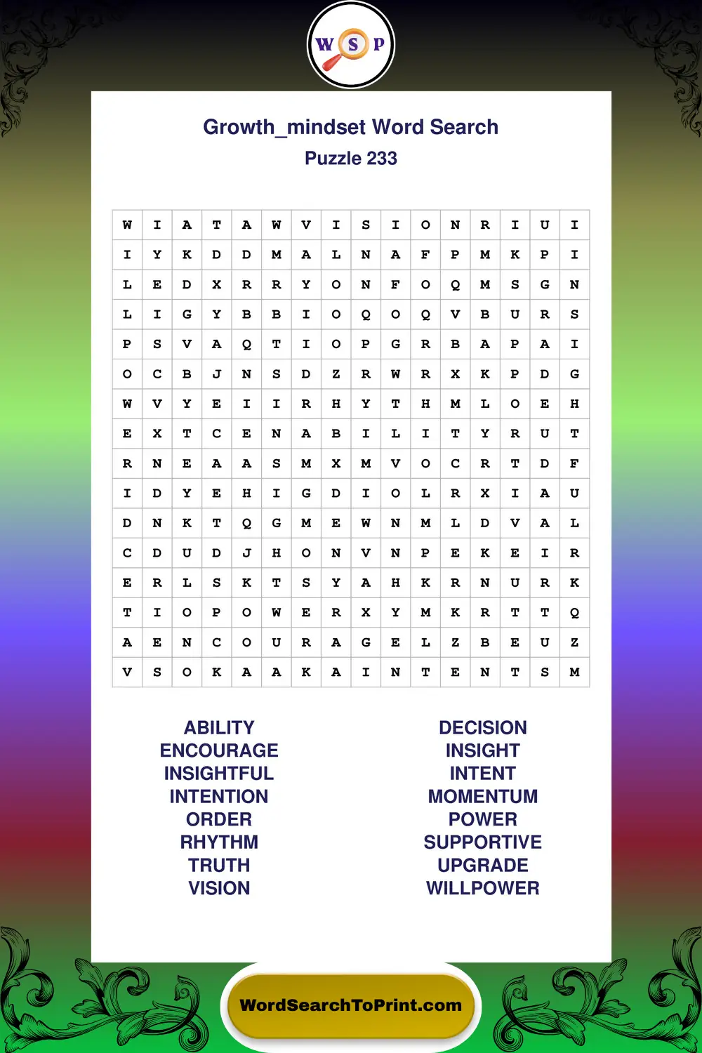 Growth Mindset Word Search Puzzle 233