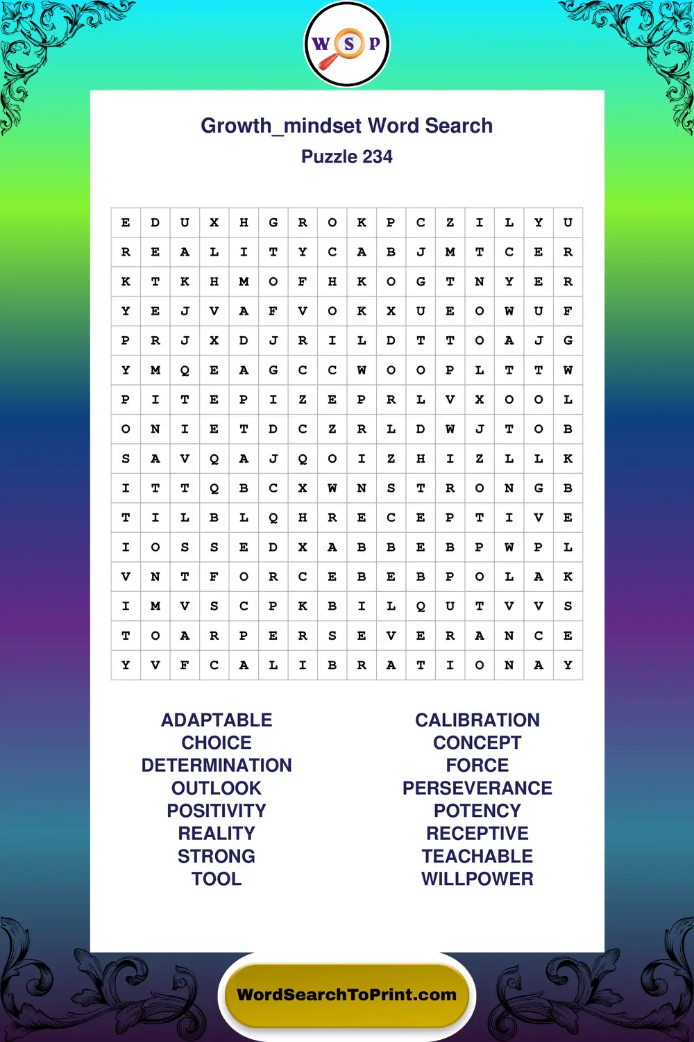 Growth Mindset Word Search Puzzle 234