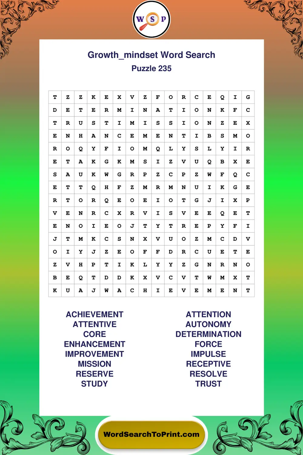 Growth Mindset Word Search Puzzle 235