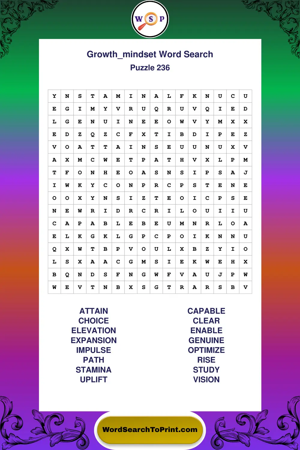 Growth Mindset Word Search Puzzle 236