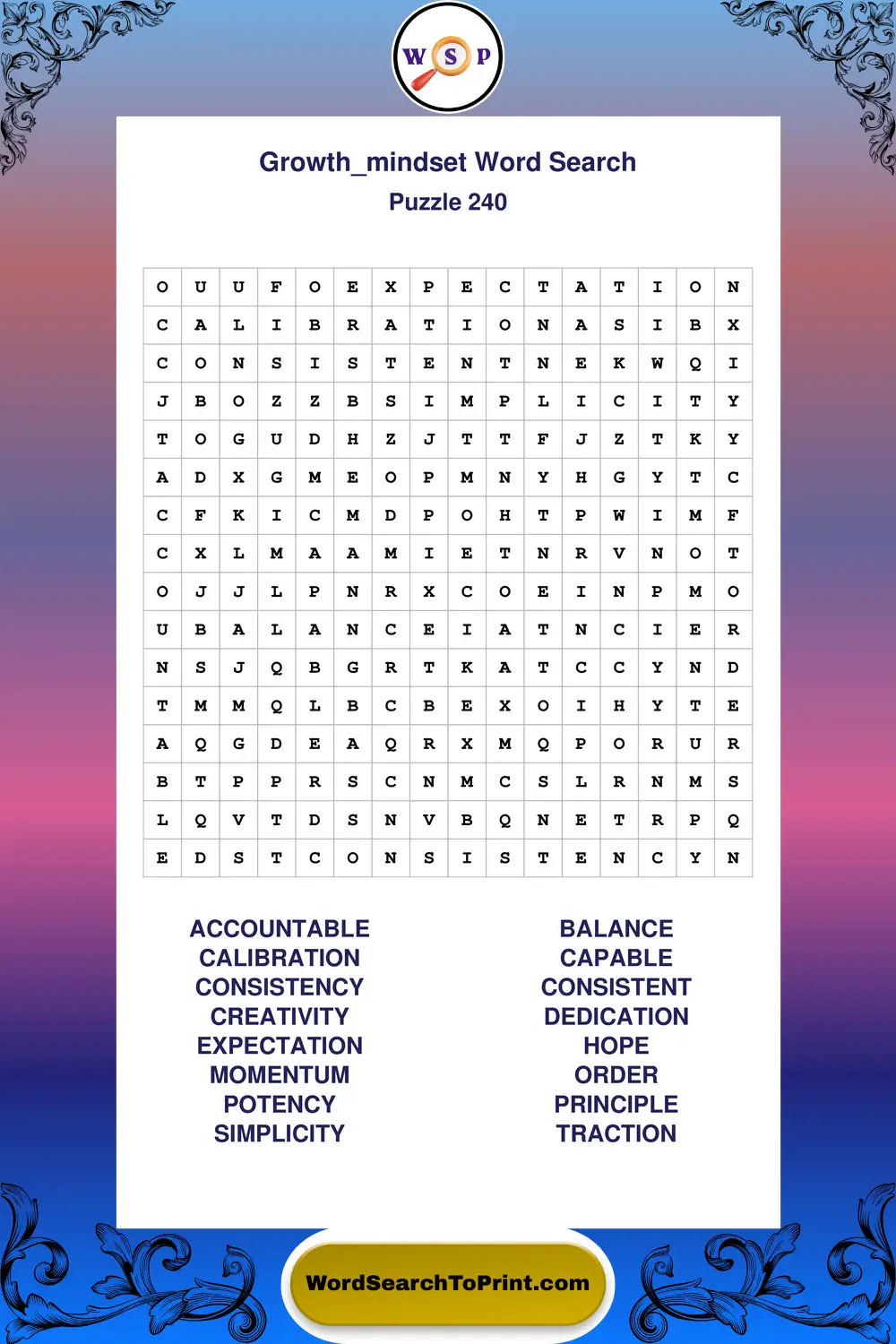 Growth Mindset Word Search Puzzle 240
