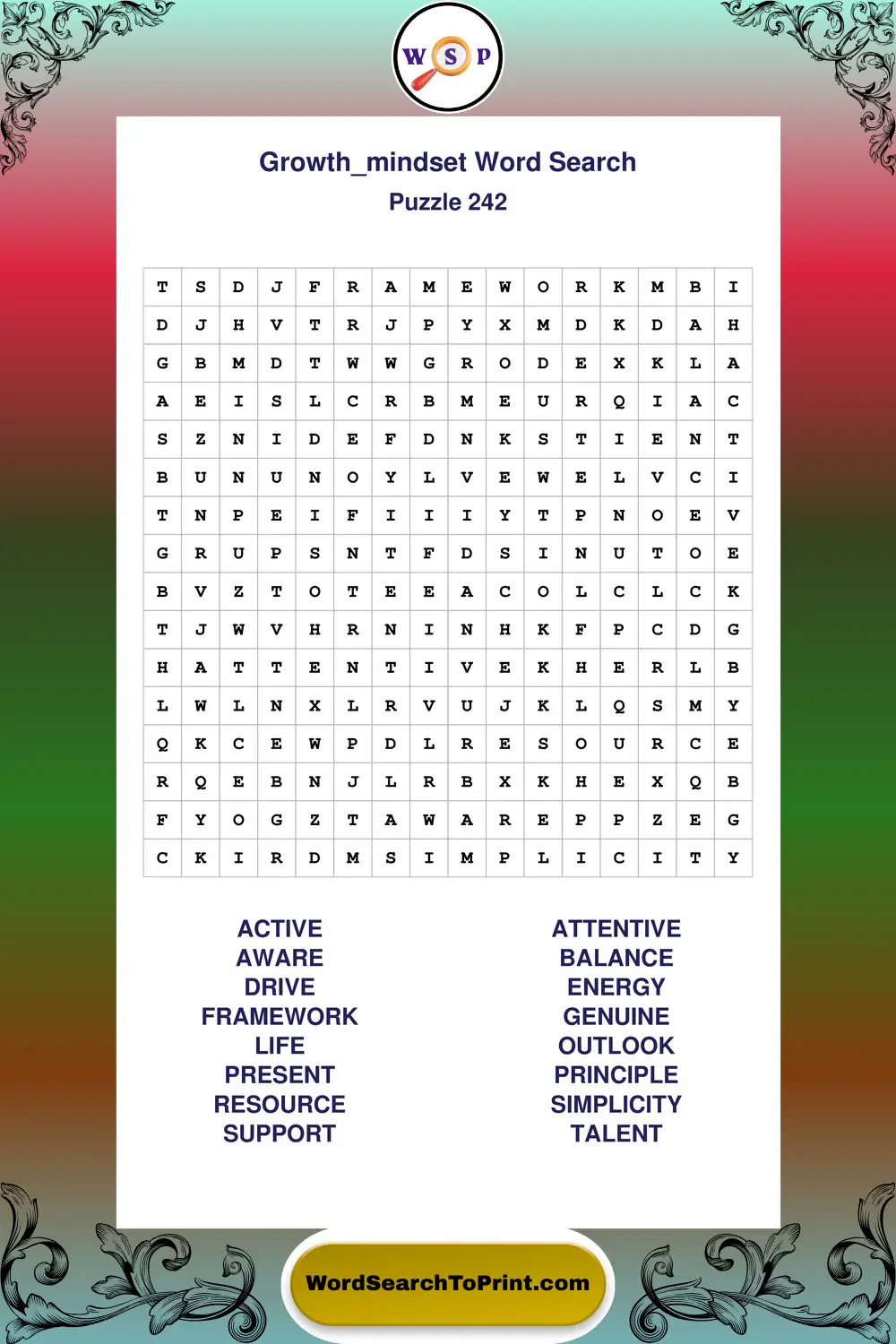 Growth Mindset Word Search Puzzle 242