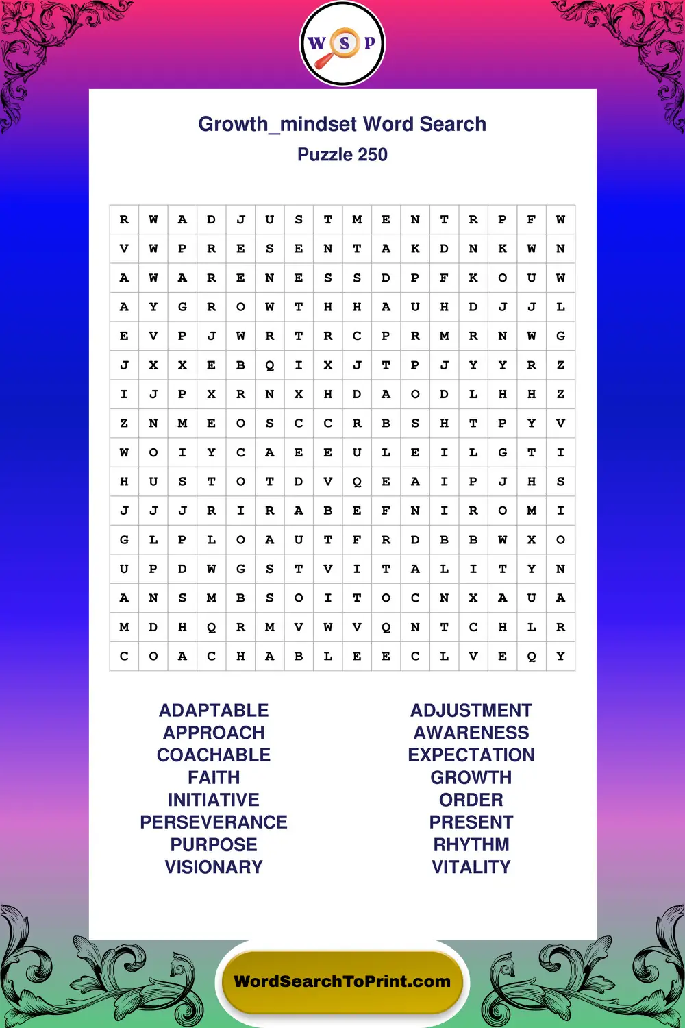 Growth Mindset Word Search Puzzle 250