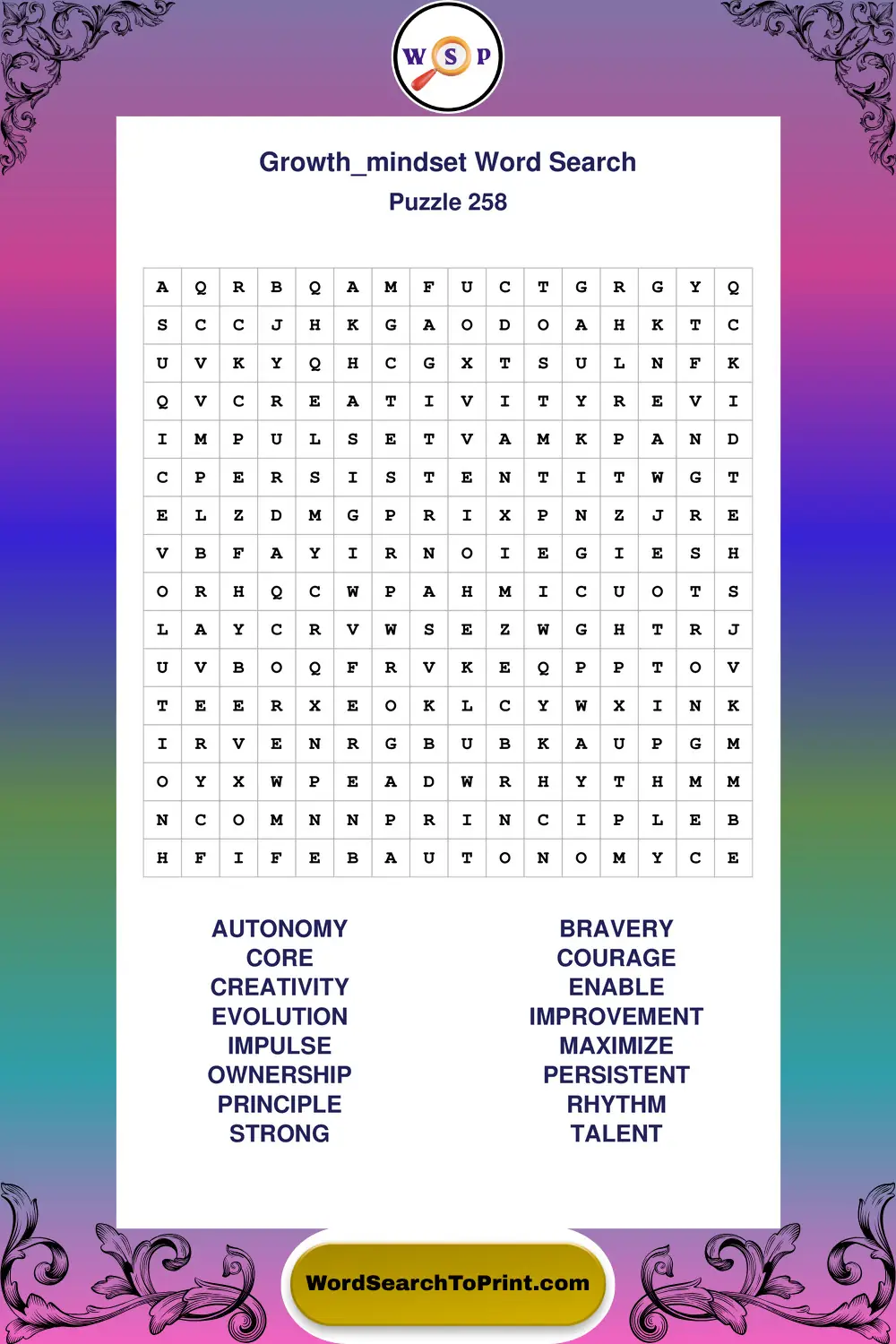 Growth Mindset Word Search Puzzle 258