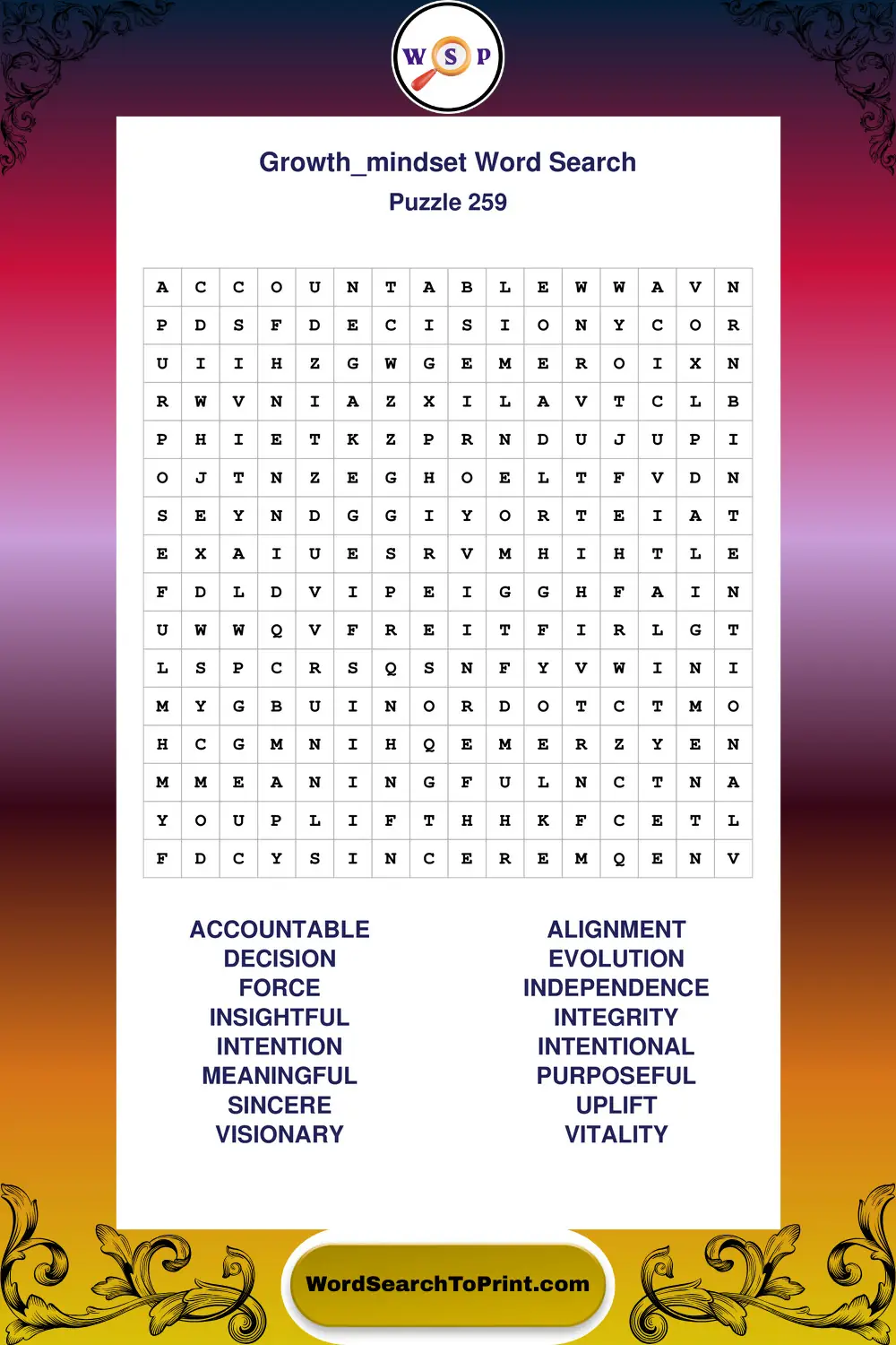 Growth Mindset Word Search Puzzle 259