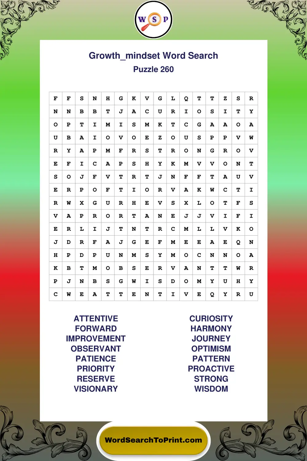 Growth Mindset Word Search Puzzle 260