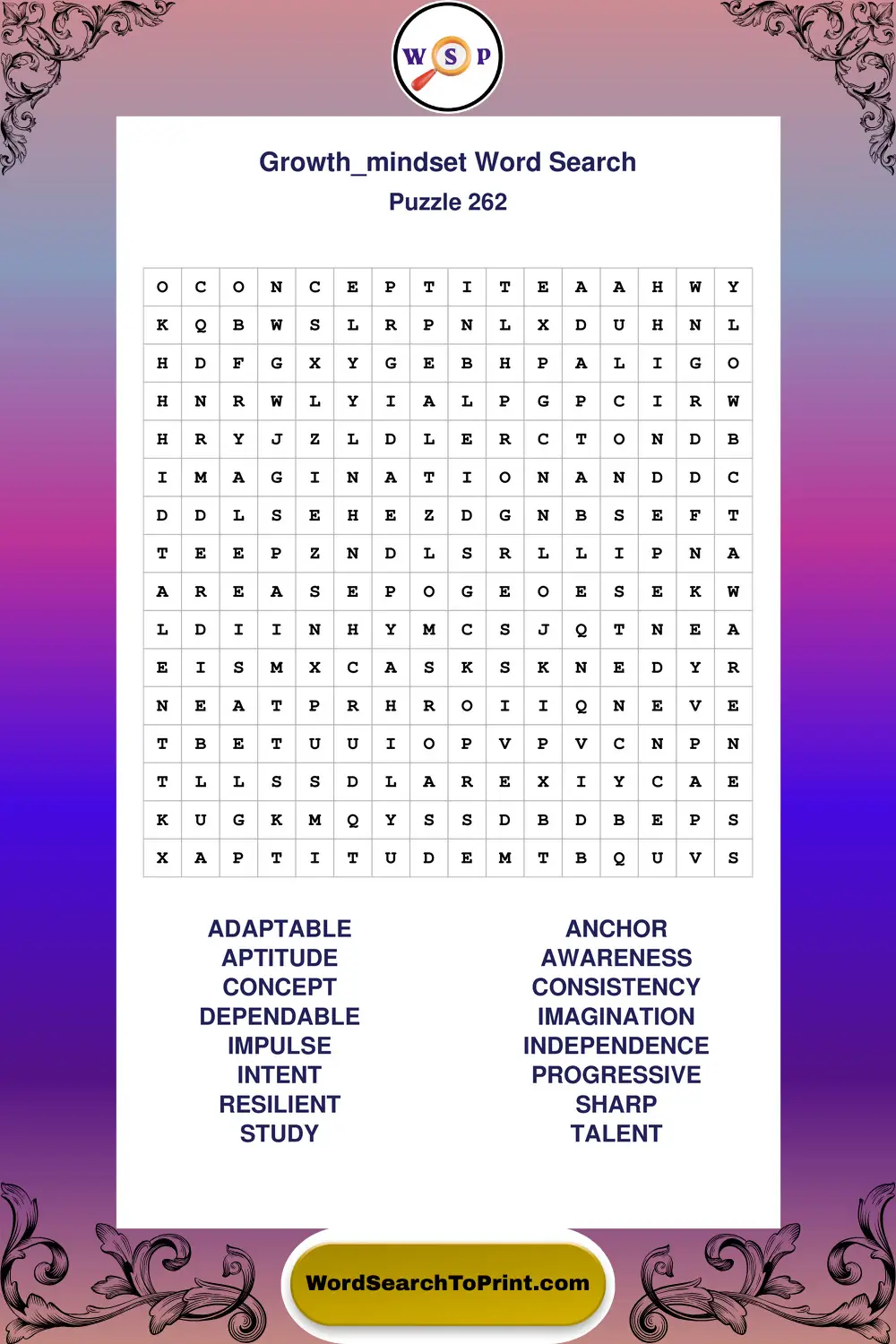 Growth Mindset Word Search Puzzle 262