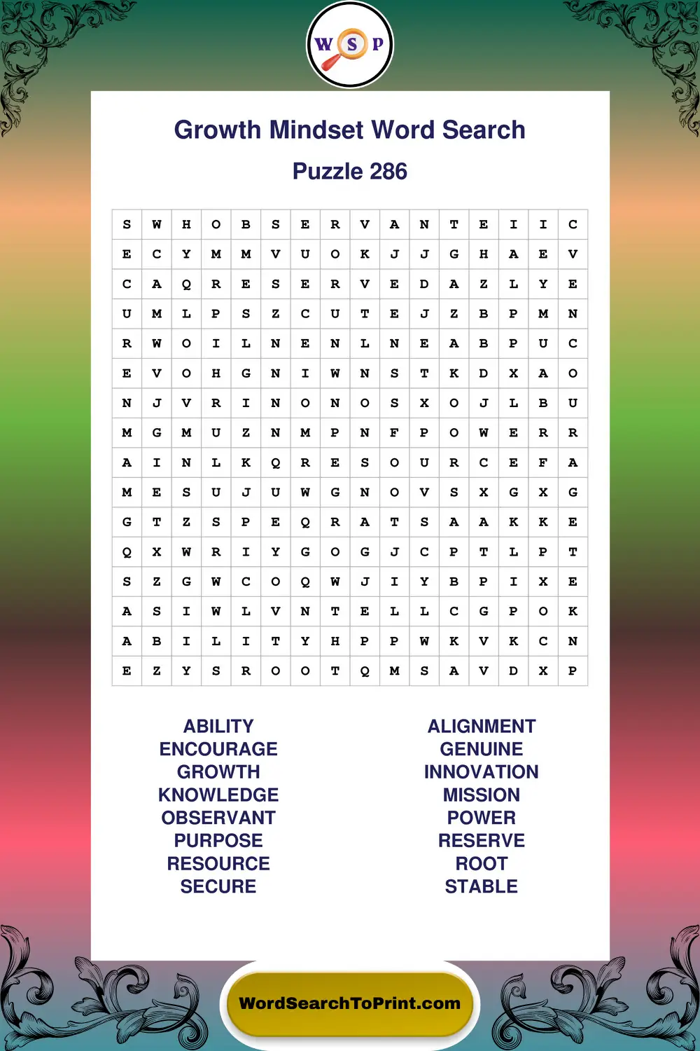 Growth Mindset Word Search Puzzle 286