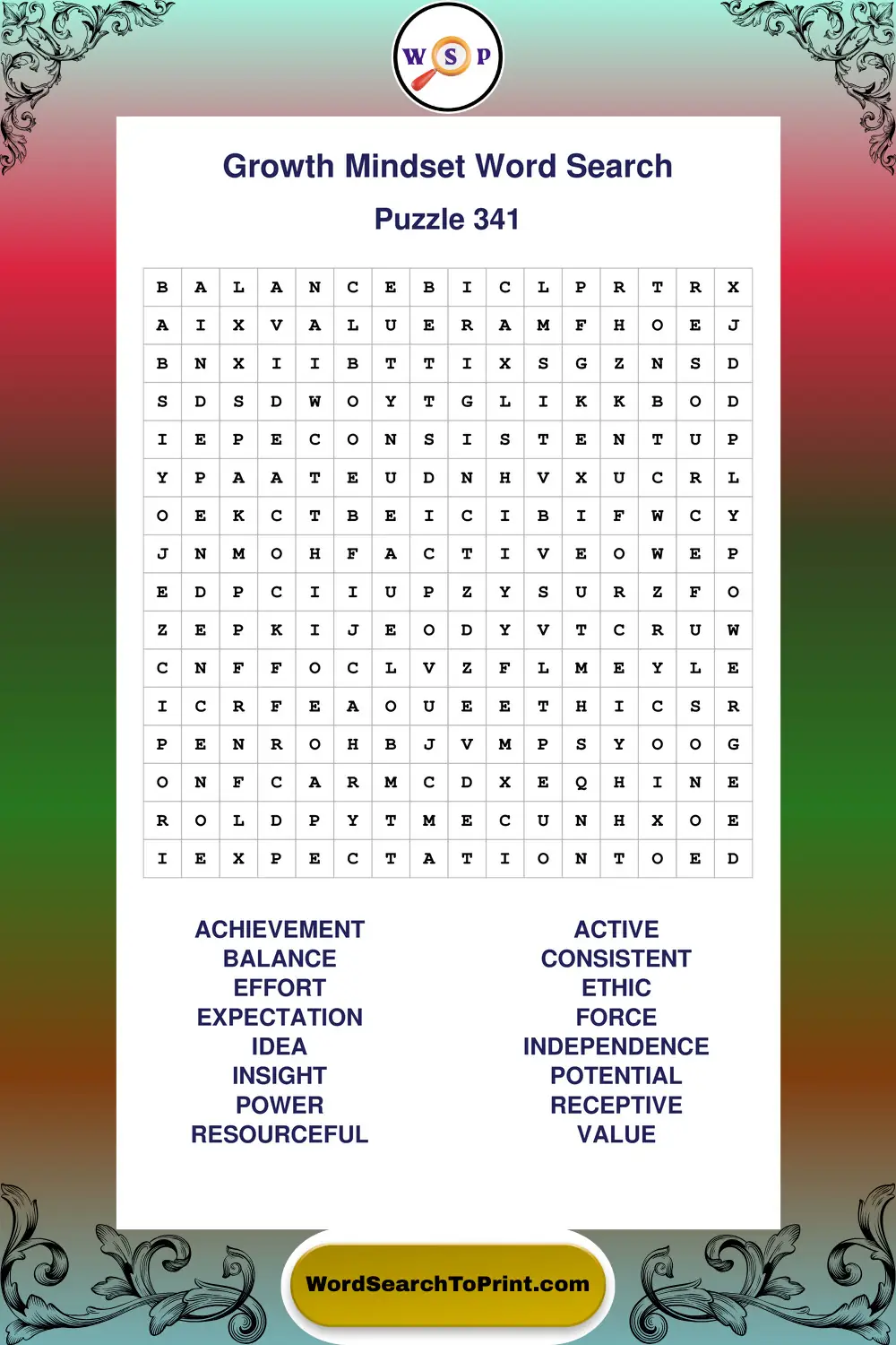 Growth Mindset Word Search Puzzle 341