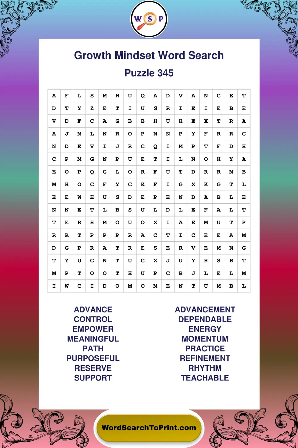 Growth Mindset Word Search Puzzle 345