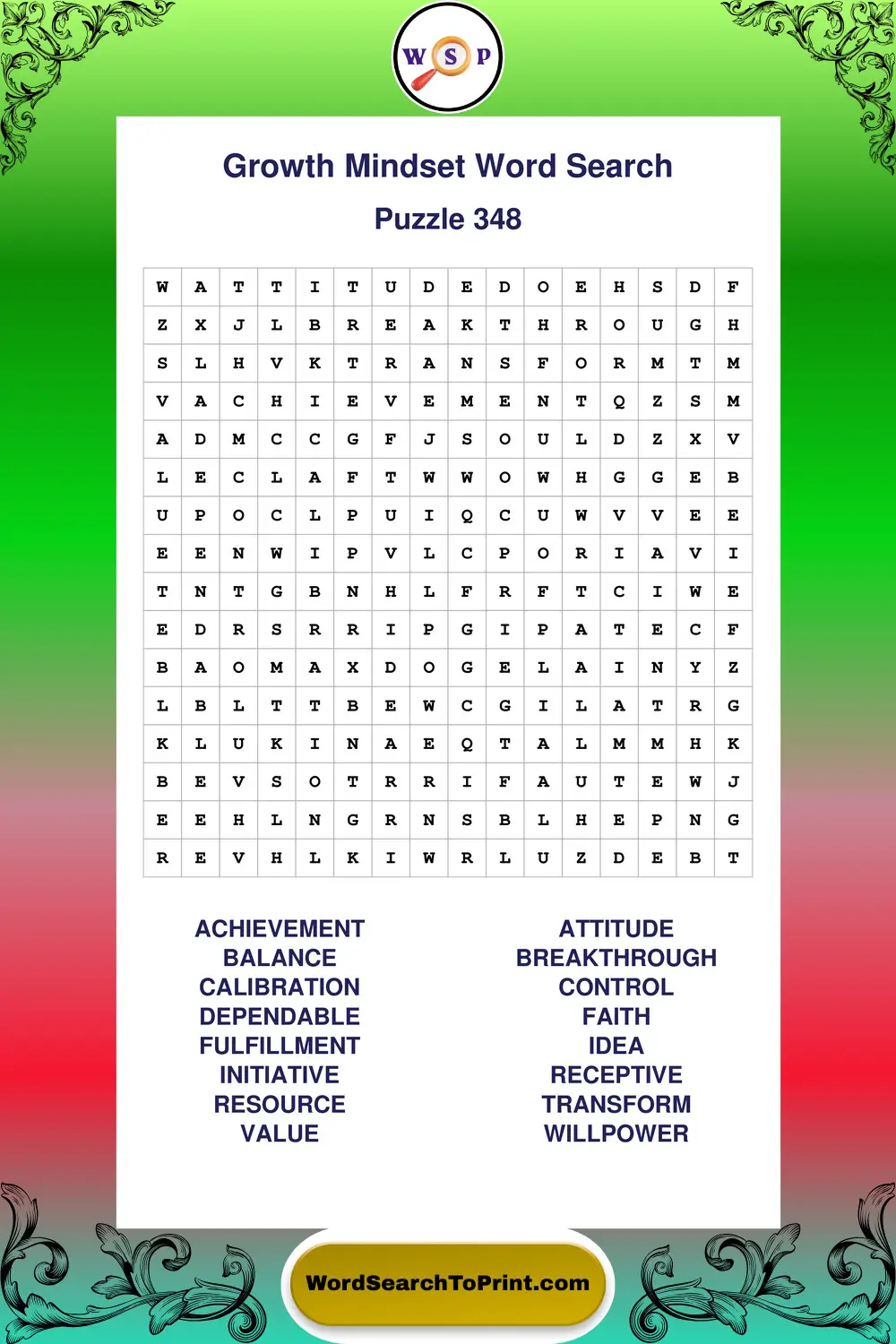 Growth Mindset Word Search Puzzle 348