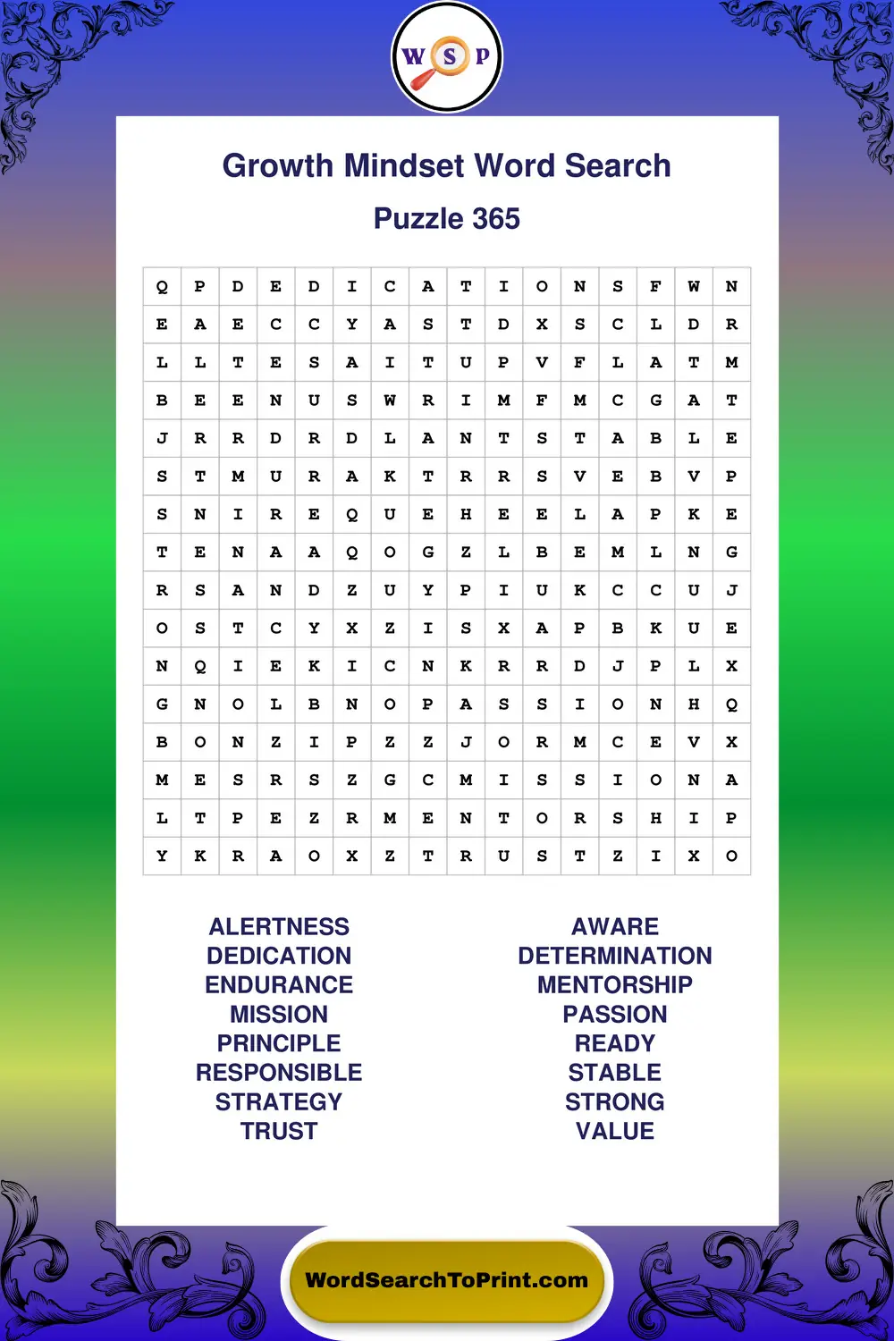 Growth Mindset Word Search Puzzle 365