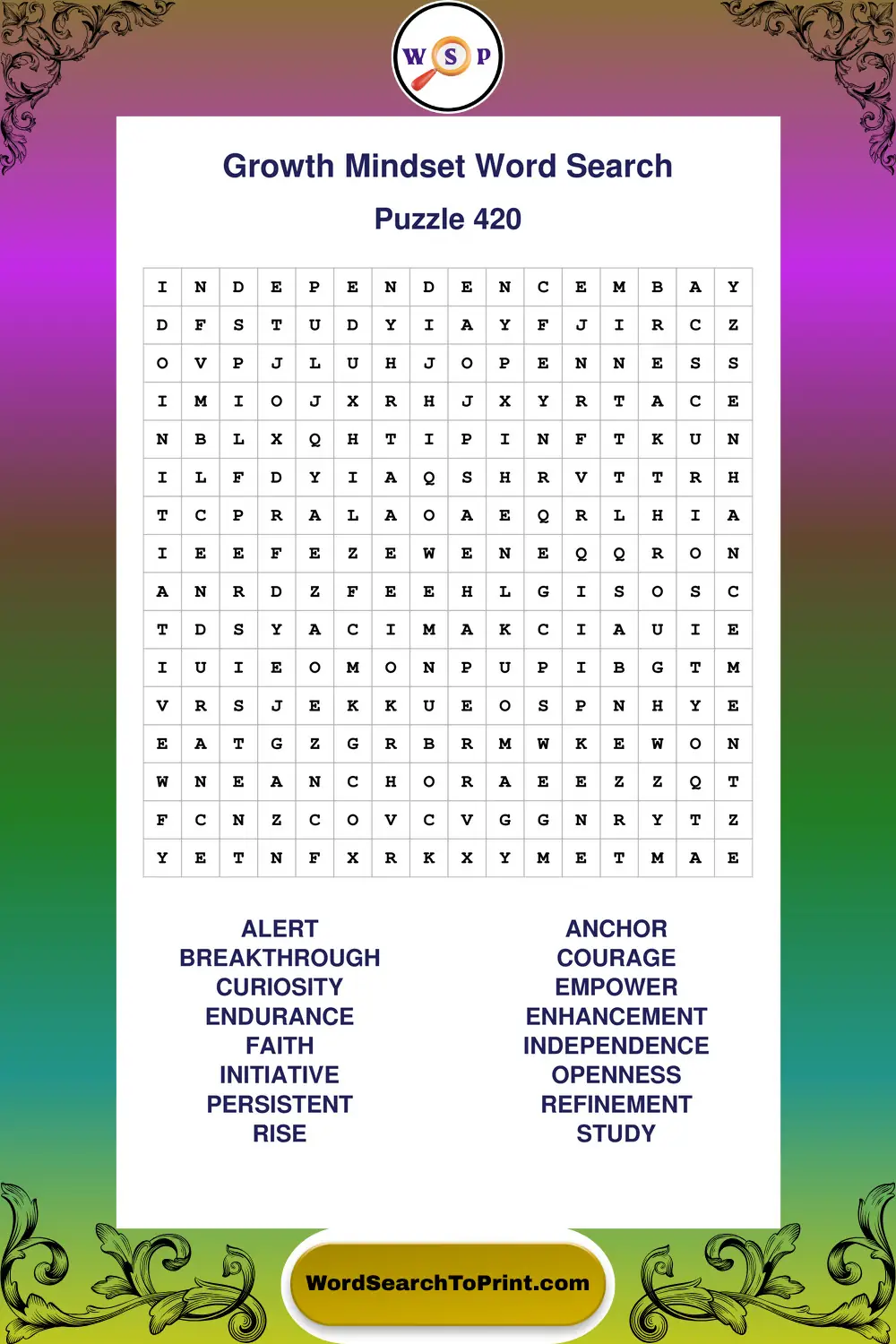 Growth Mindset Word Search Puzzle 420