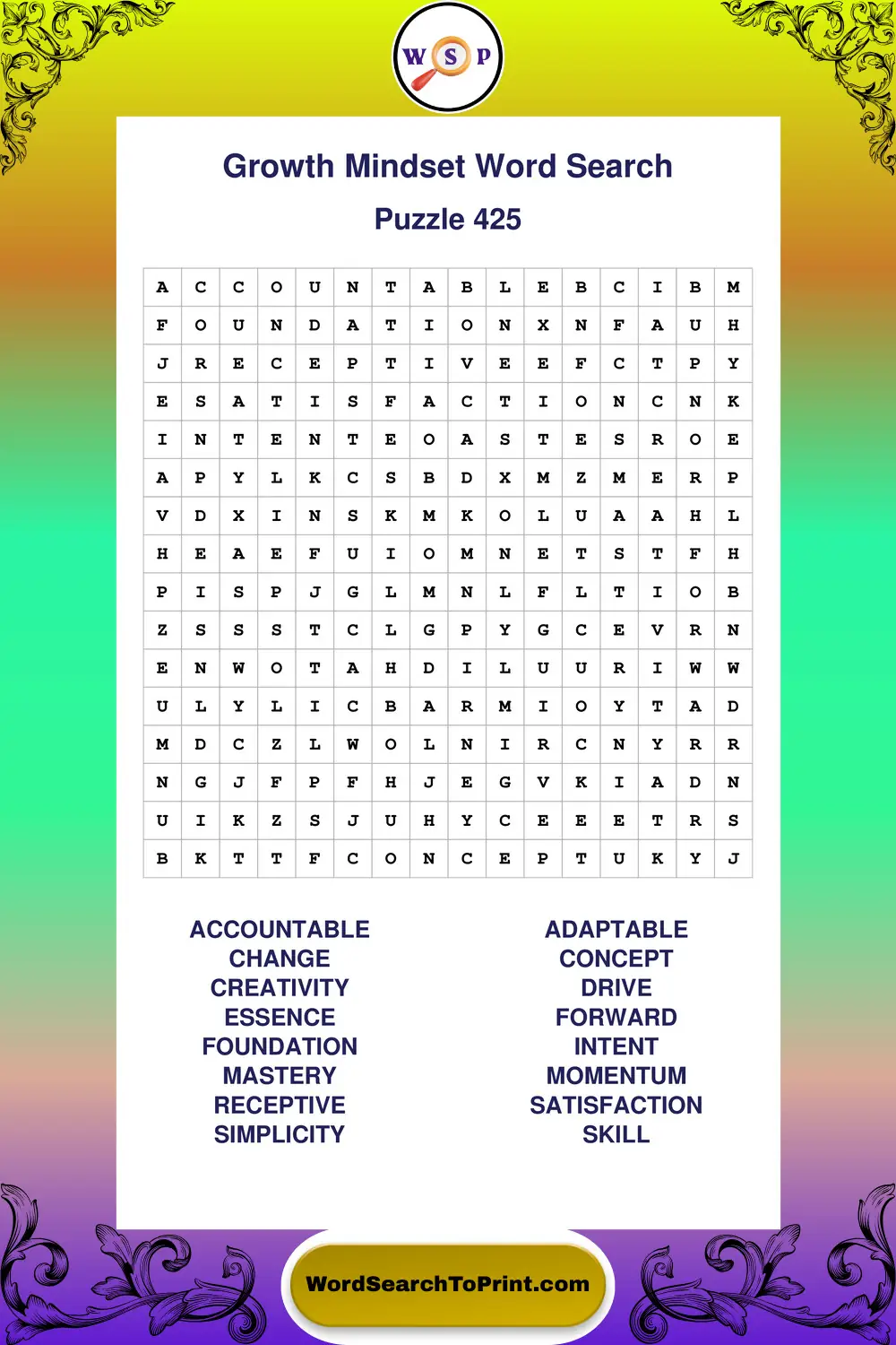 Growth Mindset Word Search Puzzle 425