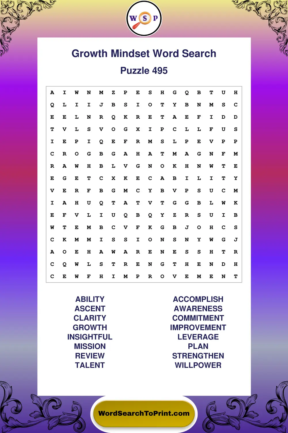 Growth Mindset Word Search Puzzle 495