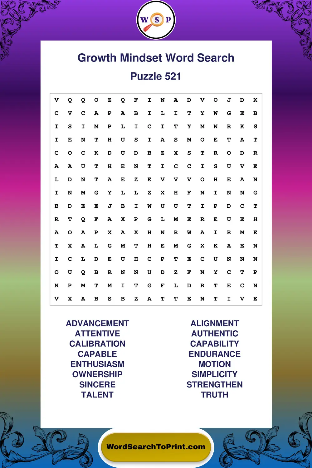 Growth Mindset Word Search Puzzle 521